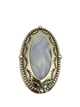 .925 Sterling Silver Ornate Framed Oval Blue Stone Pendant Silver frame pendant with etching and blue center stone on a white background