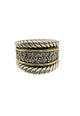 .925 Sterling Silver/14K Gold Cable Twist CZ Ring Stack of gold and silver rings with diamond accents on a white background