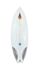 White surfboard with colorful designs on a white background