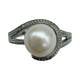 .925 Sterling Silver White Pearl Diamond Bypass Split Ring Pearl ring with silver band on a white background