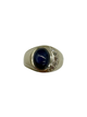 14K White Gold 1/10CTW Diamond Star Sapphire Swirl Ring Silver ring with a dark stone and diamond accents on a white background