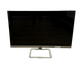 Black computer monitor with silver stand on a white background
