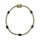 .925 Sterling Silver Gold Plated Green Emerald Cut CZ Tennis Bracelet Gold bracelet with green gemstones and clear stones on a white background