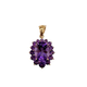 Purple gemstone pendant on a gold chain against a white background