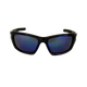 Black sunglasses with blue-tinted lenses on a white background