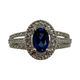 10K White Gold Oval Sapphire Diamond Halo Split Ring Silver ring with a blue gemstone on a white background