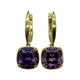 .925 Sterling Silver Gold Plated Cushion Cut Amethyst Drop Lock Earrings Gold earrings with purple gemstones on a white background