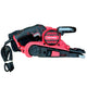 CRAFTSMAN 7-Amp 3" x 21" Corded Belt Sander (CMEW213) Red and black power tool on a wooden floor with shoes at the bottom.