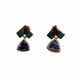 14K Yellow Gold Trillion Tanzanite Blue Opal Dangle Stud Earrings Pair of earrings with triangular gemstones on a white background