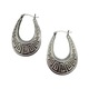 .925 Sterling Silver Greek Key Oblong Hoop Earrings Pair of silver hoop earrings with geometric patterns on a white background