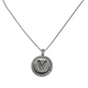 .925 Sterling Silver Micro Pavé Initial Pendant Necklace (Letter V) Silver necklace with a circular pendant on a white background