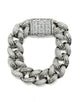 .925 Sterling Silver 72.4G 18MM Miami Cuban Link Iced Out CZ Bracelet Silver chain bracelet with diamond-like stones on a white background