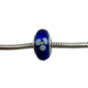 Pandora .925 Sterling Silver Blue Murano Glass Flower Bead Charm Blue glass bead with floral design on a silver metal bracelet against a white background