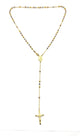 .925 Sterling Silver Tri-Color Gold Plated Beaded Rosary Necklace Gold rosary necklace with beads and a cross on a white background