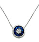 .925 Sterling Silver Blue Baguette and White CZ Halo Stationary Pendant Necklace Necklace with a blue eye-shaped pendant on a white background