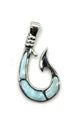 .925 Sterling Silver Larimar Fish Hook Pendant Silver fish hook pendant with light blue stone on a white background