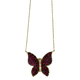 14K Yellow Gold 10PTW Diamond Ruby Pavé Butterfly Necklace Butterfly-shaped pendant with red stones on a gold chain against a white background