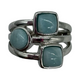 .925 Sterling Silver Bezel Set Larimar Multi Shape 3 Row Ring Silver ring with three gemstones on a white background