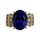 14K Yellow Gold 1/2CTW Diamond Oval Tanzanite Channel Ring Gold ring with a blue gemstone and diamond accents on a white background