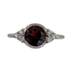 10K White Gold .12CTW Diamond Round Garnet Milgrain Bezel Ring Silver ring with a red gemstone on a white background