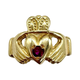 14K Yellow Gold Ruby Irish Claddagh Ring Gold Claddagh ring with a red gemstone on a white background