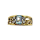 14K Yellow Gold Aquamarine & Diamond Scroll Ring Gold ring with a blue gemstone and diamonds on a white background