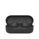 Black wireless earbuds in an open case on a white background
