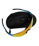 Sunglasses with blue frame and yellow lenses on a black carrying case against a white background