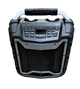 Black portable radio with control panel on a white background