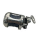 Metallic fishing reel on a light gray background