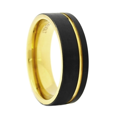 Comfort Fit 8mm Black Tungsten Carbide Wedding Band with Gold Color PVD Plated Interior and Off-Center Groove - Dick's Pawn Superstore