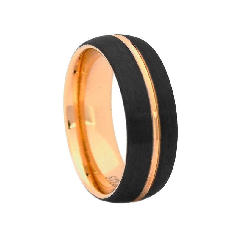 Comfort Fit Domed 8mm Black Tungsten Carbide Wedding Band with Rose Gold Color PVD Plated Interior and Center Groove - Dick's Pawn Superstore