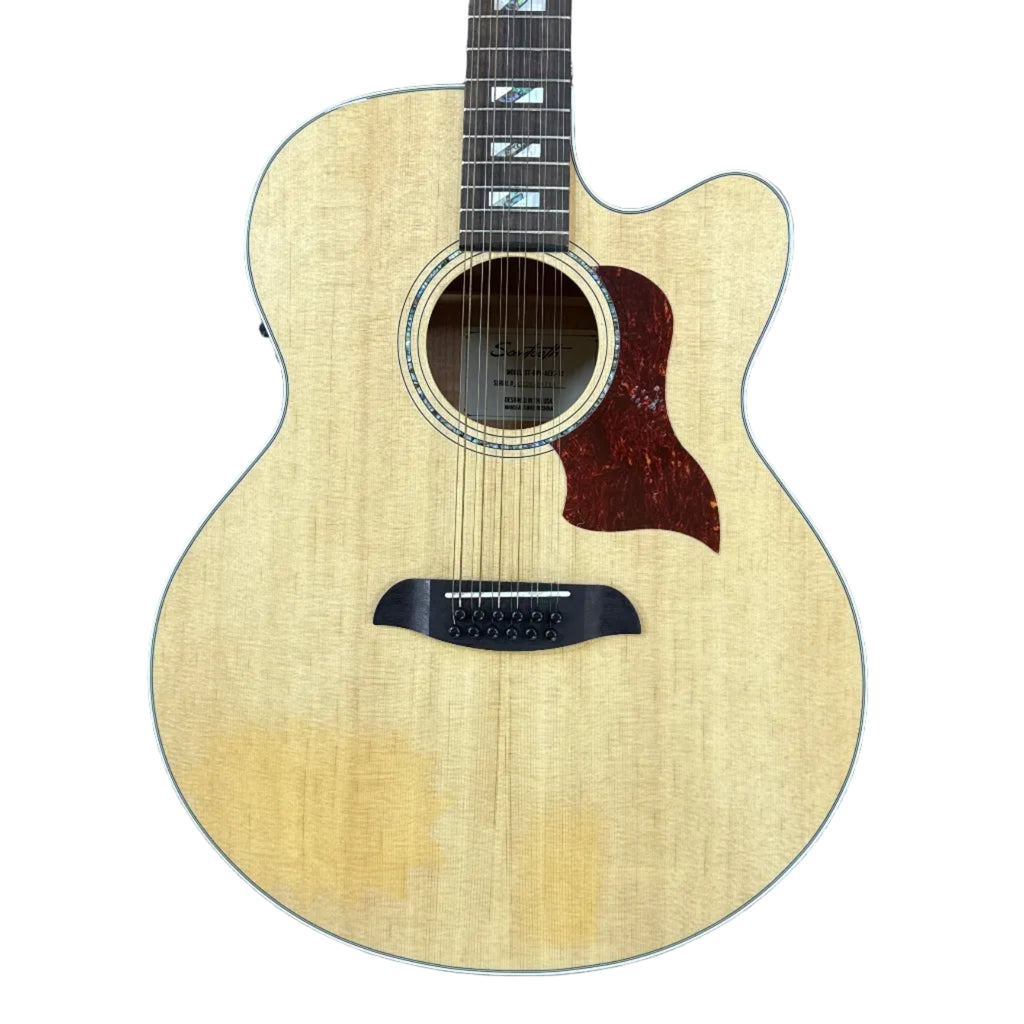 Sawtooth ST-MPL-AEJC-12 12-String Acoustic-Electric Guitar w/ Soft Case Acoustic guitar with a cutaway on a white background