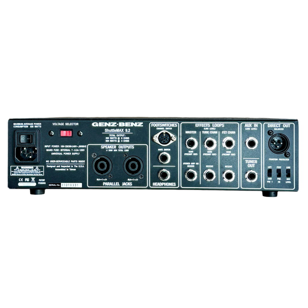Genz Benz SHUTTLE MAX 9.2 Bass Amplifier Head w/ Footswitch & Case Back panel of a GENZ BENZ audio equipment with various connectors and switches on a white background