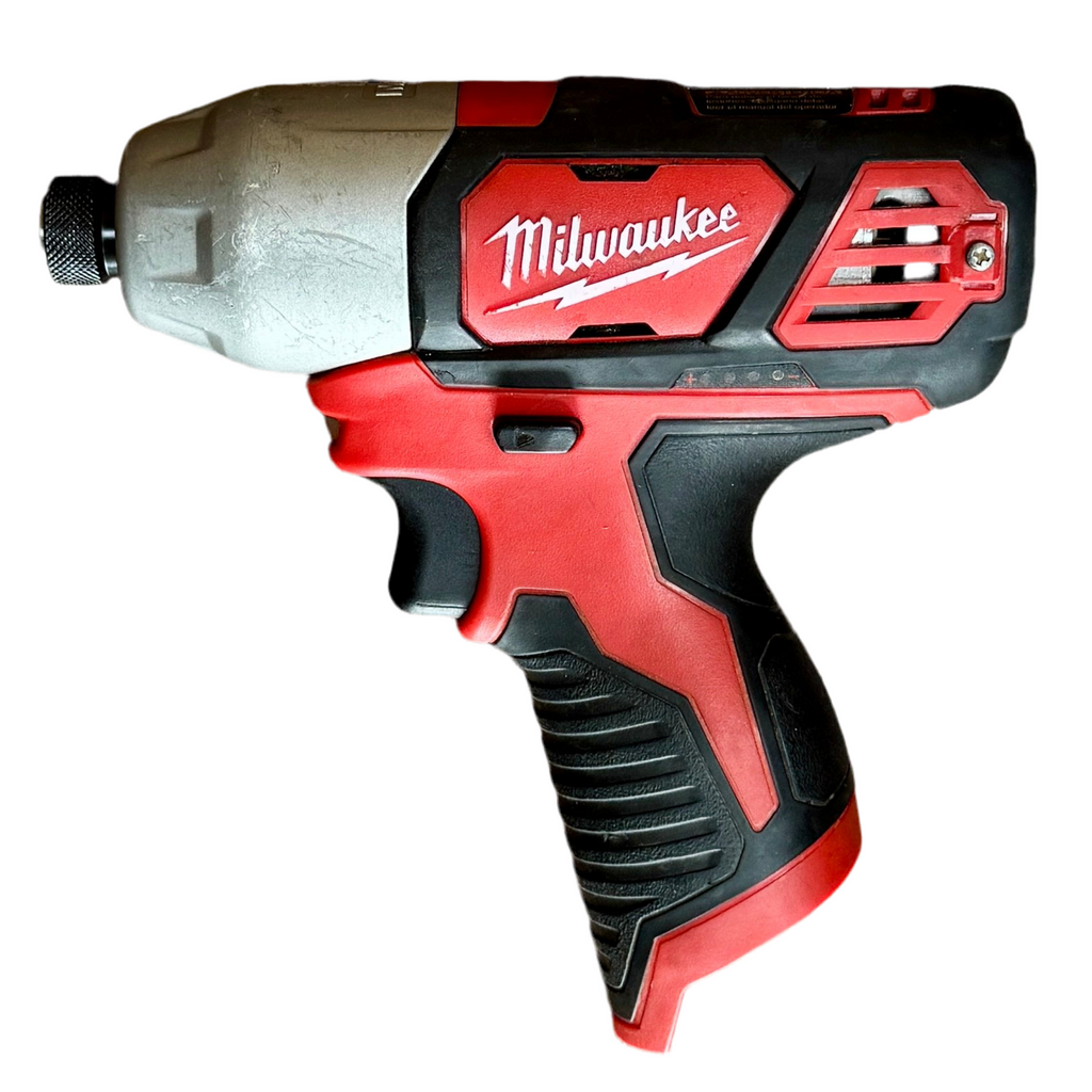 Milwaukee M12 12V 1/4" Cordless Hex Impact Driver (2462-20) Red and black Milwaukee power drill on a white background
