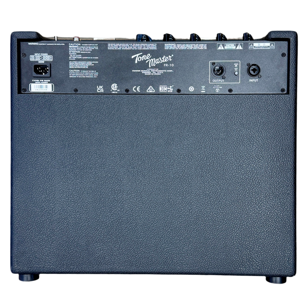 Fender Tone Master FR-10 Powered Guitar Amplifier Speaker Cabinet Back panel of a Tone Master guitar amplifier on a white background