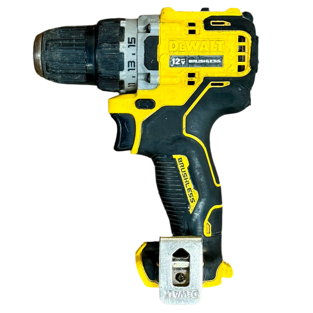 DeWalt XTREME 12V MAX 3/8" Brushless Cordless Drill/Driver w/ Battery (DCD701) Yellow and black Dewalt drill on a white background
