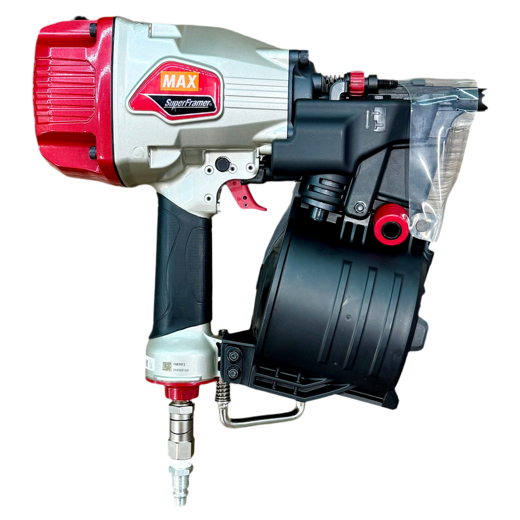 MAX SuperFramer 15-Degree 3-1/2" Pneumatic Coil Framing Nailer (CN890F2) Nail gun with MAX Super Framing logo on a white background
