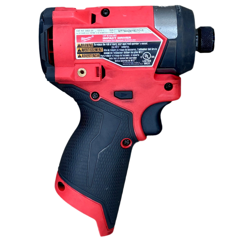 Milwaukee M12 FUEL 12V 1/4" Hex Impact Driver (3453-20) Red and black cordless drill on a white background
