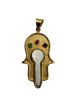 18K Yellow Gold Emerald Sapphire Ruby & Mother of Pearl Hamsa Pendant Gold Hamsa pendant with colored stones on a white background