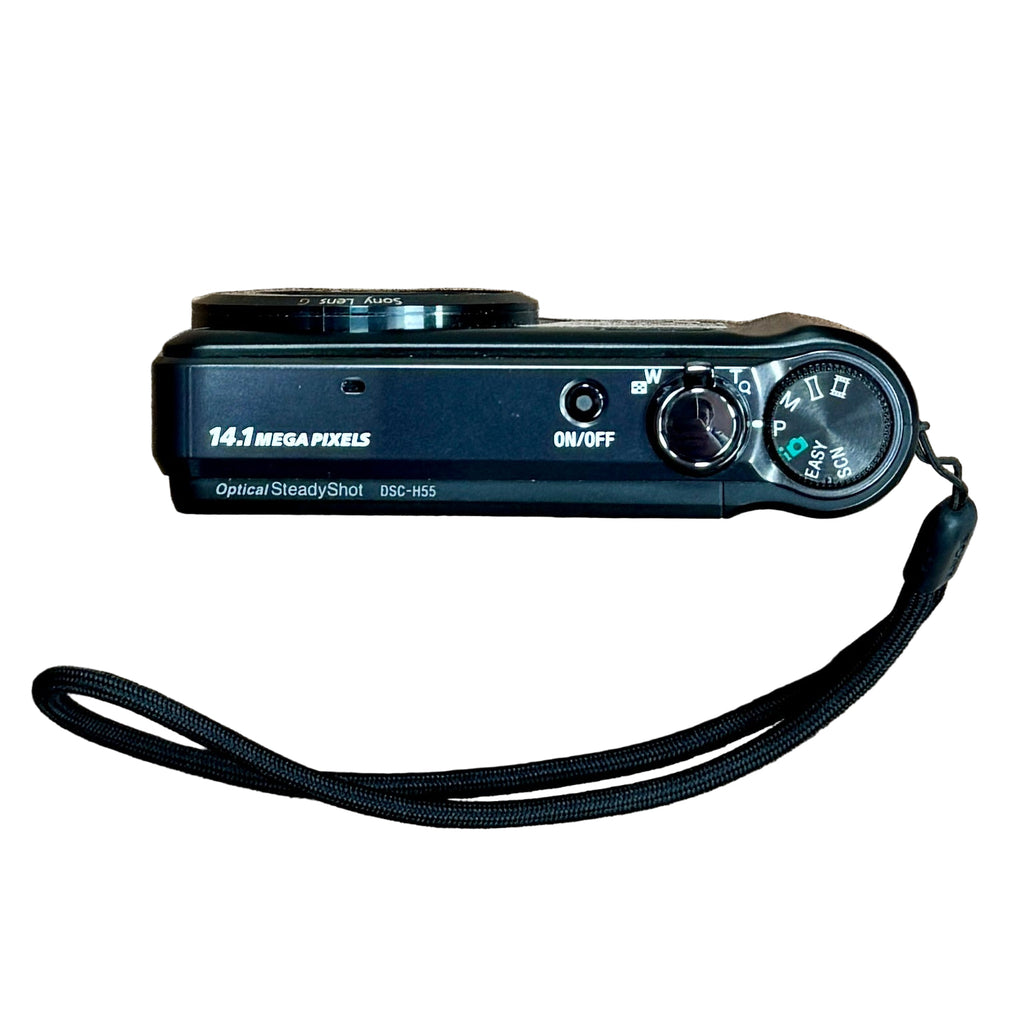 Sony Cyber-Shot DSC-H55 14.1MP Digital Camera w/ Case - Black Digital camera with 14.1 mega pixels on a white background