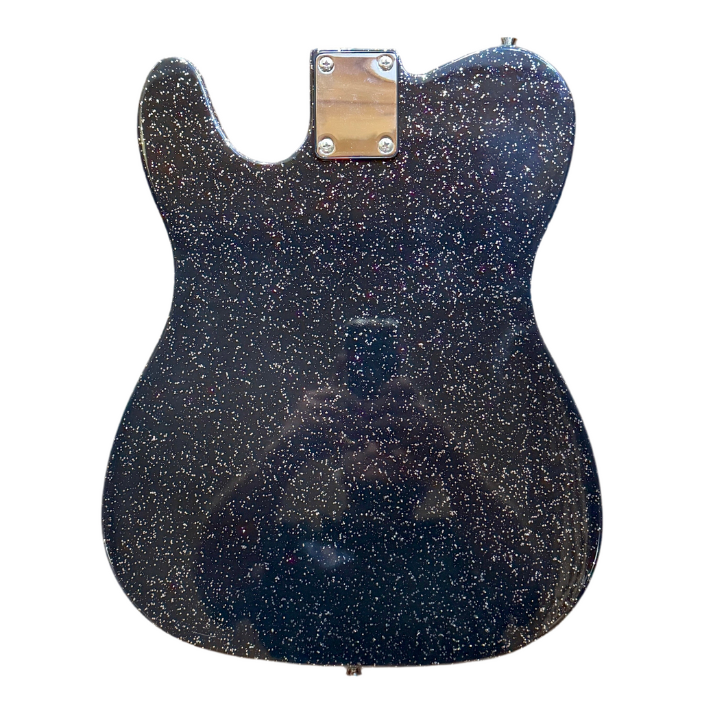 Glen Burton Silver Sparkle Telecaster Style Electric Guitar w/ Hard Case Guitar body with a black and blue speckled finish on a white background