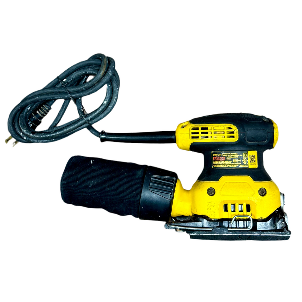 DeWalt 2.3-Amp 1/4" Corded Sheet Palm Grip Sander (DWE6411) Yellow and black power sander with a coiled cable on a white background