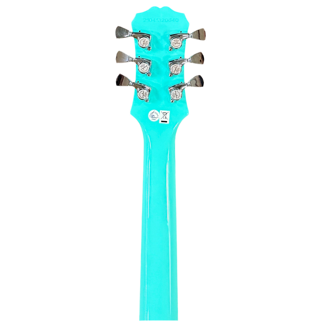 Epiphone Les Paul Model SL Melody Maker Electric Guitar Turquoise electric guitar headstock on a white background