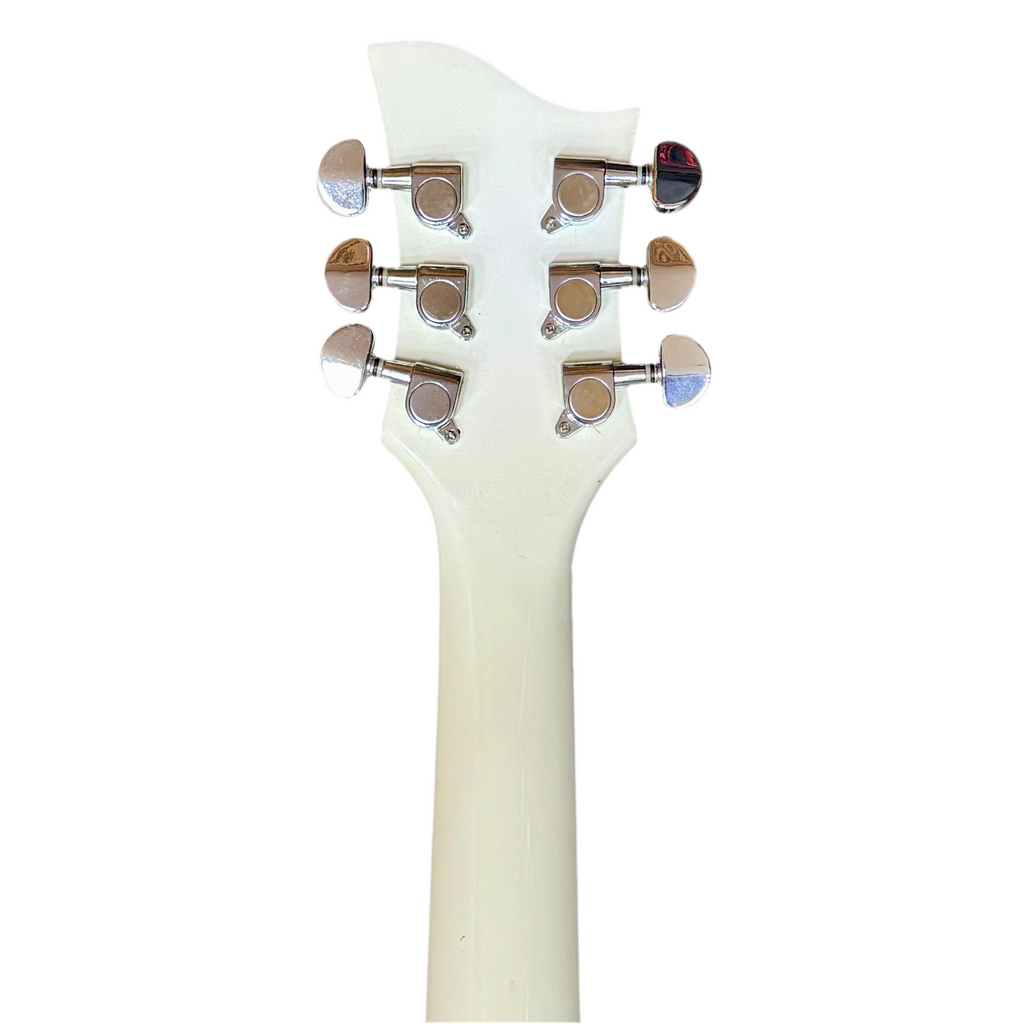 Cozart Single Cutaway Resonator Electric Guitar Close-up of a guitar headstock with tuning pegs on a white background