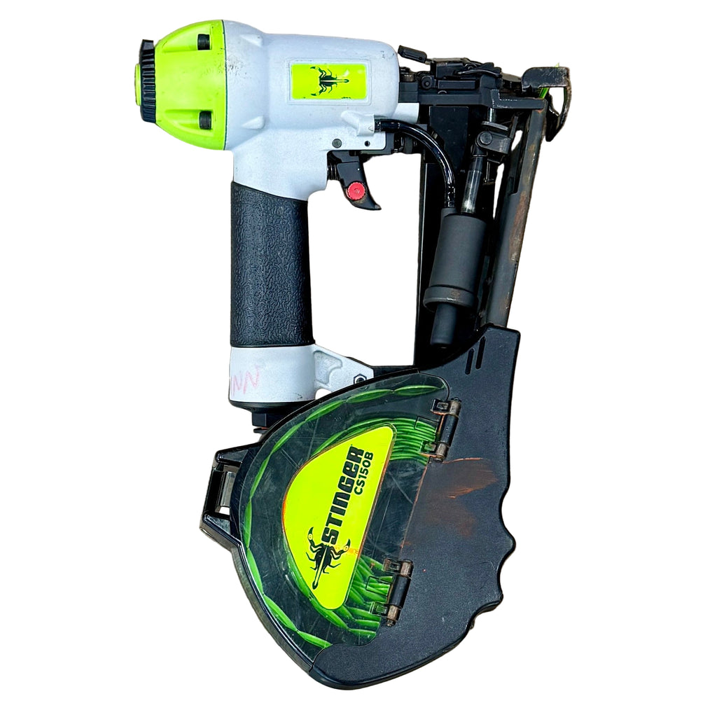 STINGER 18-Gauge 1-1/2" Pneumatic Cap Stapler w/ Hard Case (CS150B) Nail gun with green and black design on a white background