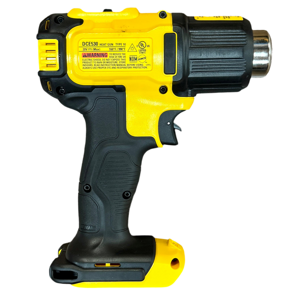 DeWalt 20V MAX Cordless Compact Heat Gun w/ Flat & Hook Nozzle Attachments (DCE530) Yellow and black heat gun on a white background