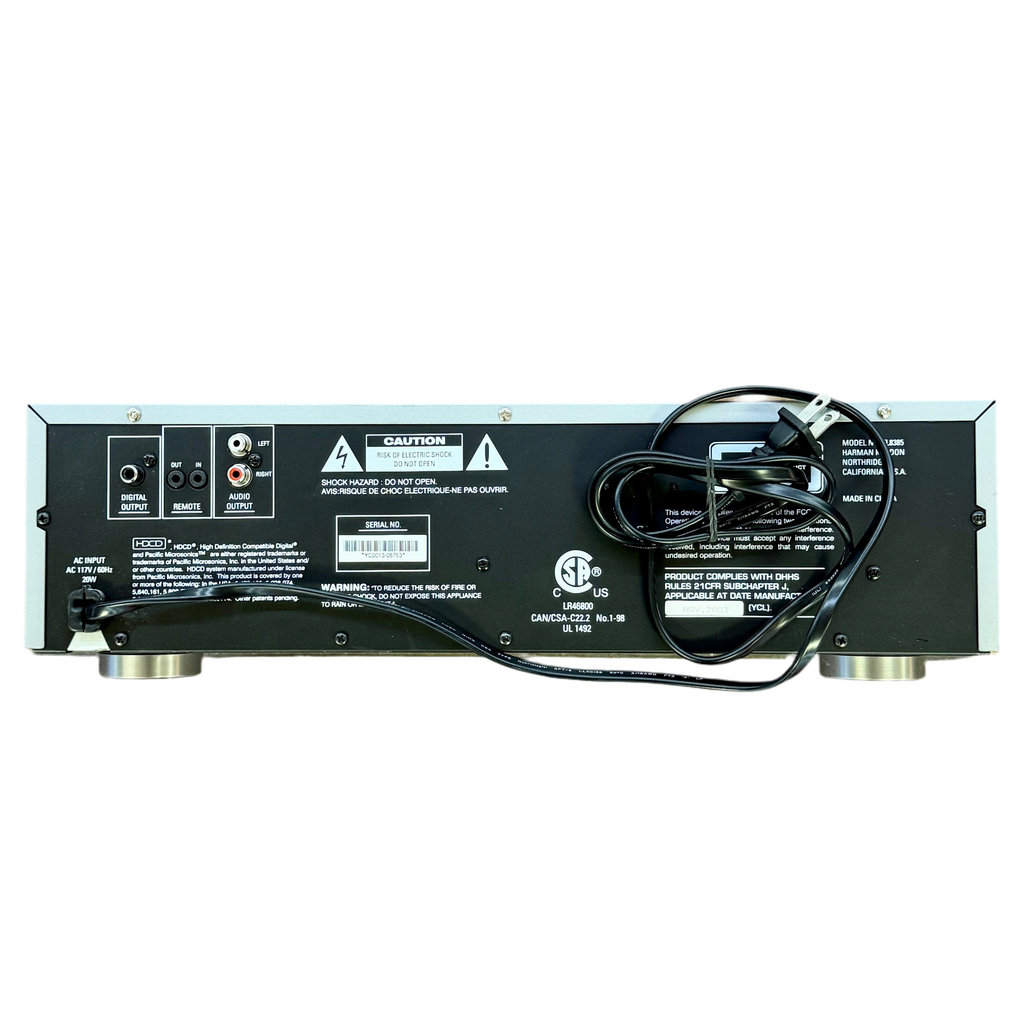 Harman/Kardon FL 8385 5-Disc CD Changer w/ Remote Back view of an electronic device with wiring and labels on a white background
