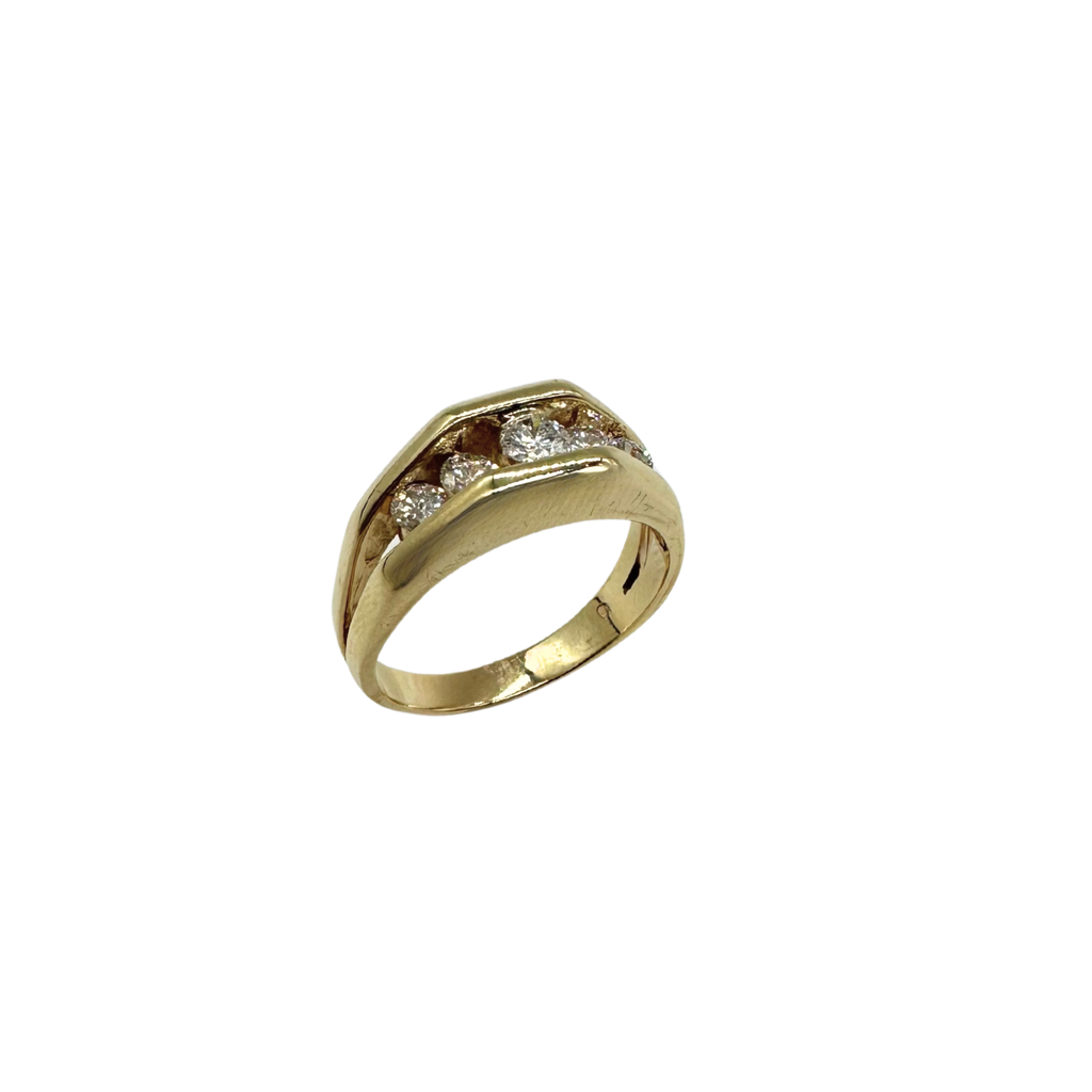 Gold ring with embedded diamonds on a white background