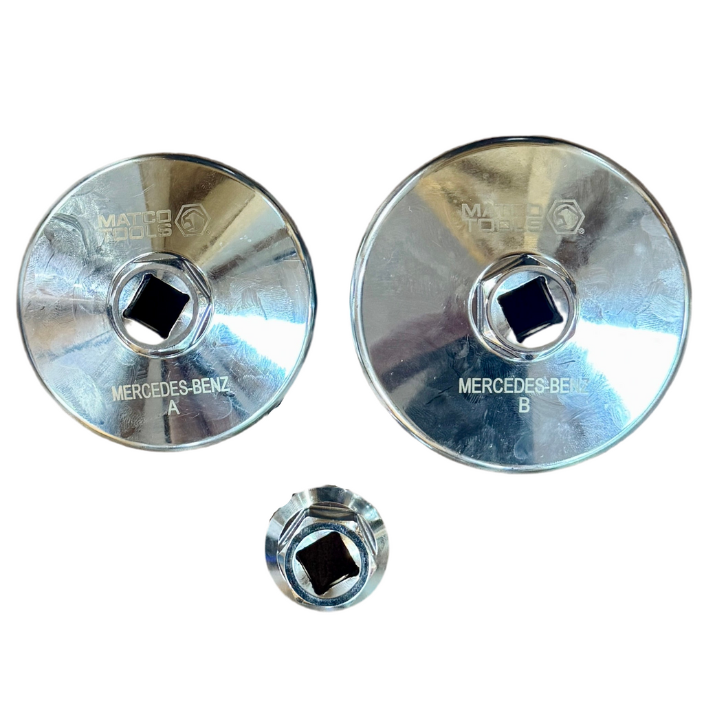 MATCO TOOLS Mercedes-Benz Oil Filter Tool Kit w/ Hard Case (OFKMER) Two metallic tools with Mercedes-Benz branding on a white background